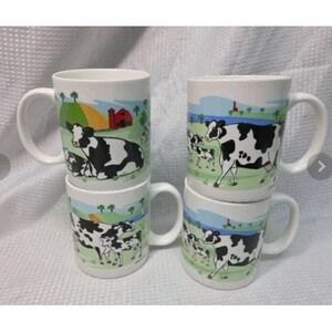 Holstein Cow Farm Scene Coffee Mugs Set of 4 Farmhouse Dairy Cow Country Kitchen